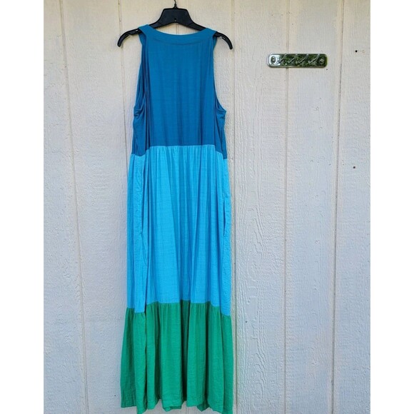J. Jill Maxi Dress Sz Large Tall Sleeveless  Color Block Blu/grn Pockets Beachy - Picture 3 of 6